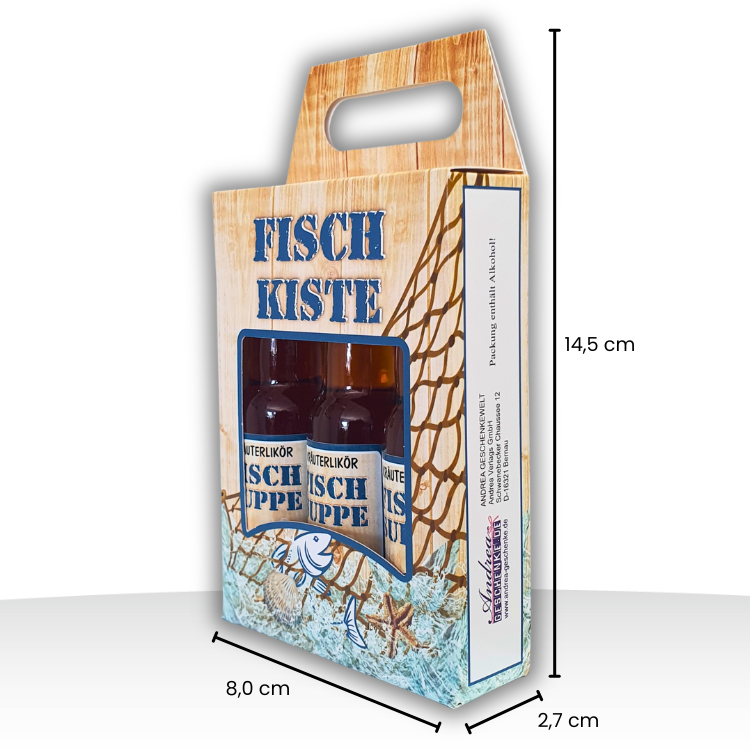 Angler Geschenk Fischkiste Kräuterlikör Box – Lustiges Geschenke für Angler Set mit Fischsuppe Likör zum Geburtstag & Vatertag – Maritimes Männergeschenk mit 3x 0,02L Mini-Flaschen 33% vol. - Maße