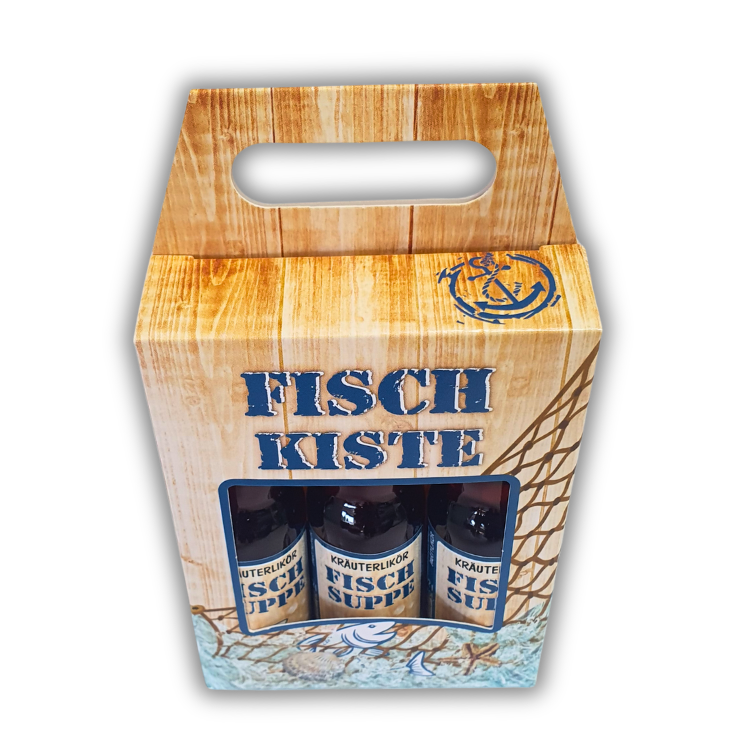 Angler Geschenk Fischkiste Kräuterlikör Box – Lustiges Geschenke für Angler Set mit Fischsuppe Likör zum Geburtstag & Vatertag – Maritimes Männergeschenk mit 3x 0,02L Mini-Flaschen 33% vol. - Oben