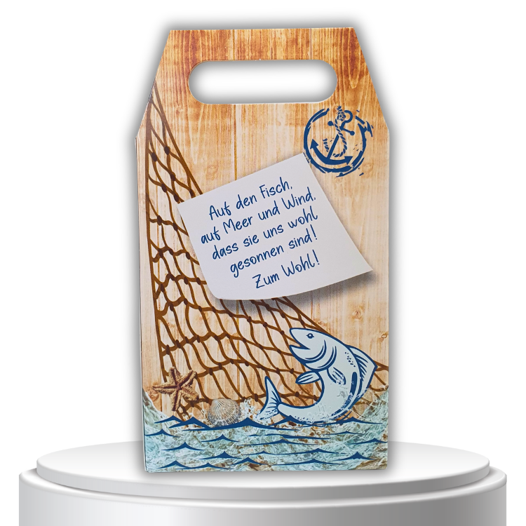 Angler Geschenk Fischkiste Kräuterlikör Box – Lustiges Geschenke für Angler Set mit Fischsuppe Likör zum Geburtstag & Vatertag – Maritimes Männergeschenk mit 3x 0,02L Mini-Flaschen 33% vol. - Rück