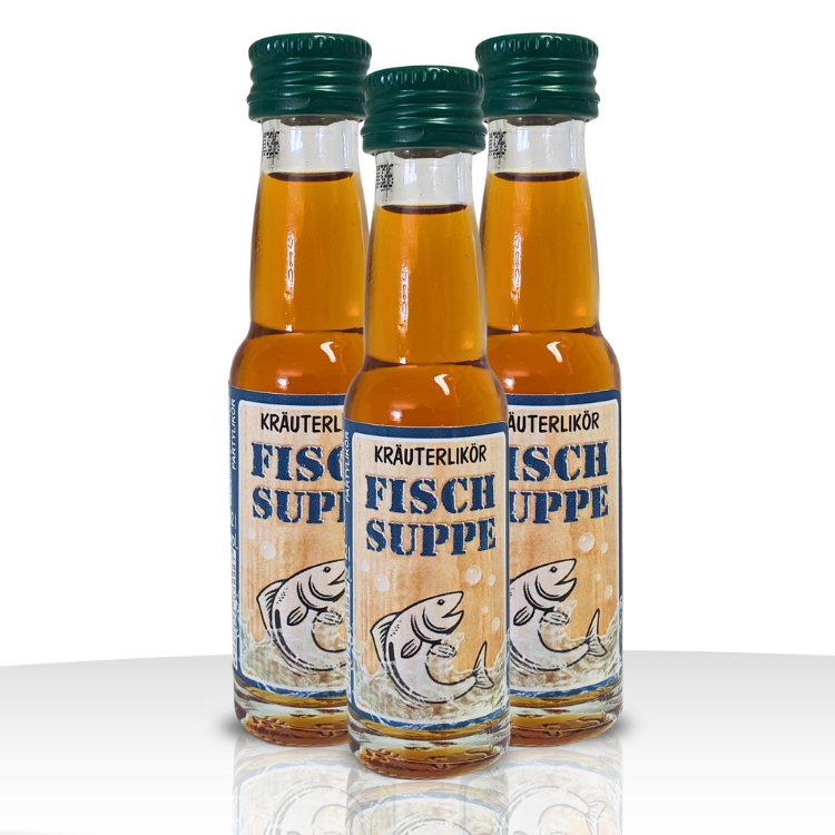 Angler Geschenk Fischkiste Kräuterlikör Box – Lustiges Geschenke für Angler Set mit Fischsuppe Likör zum Geburtstag & Vatertag – Maritimes Männergeschenk mit 3x 0,02L Mini-Flaschen 33% vol. - Schnaps