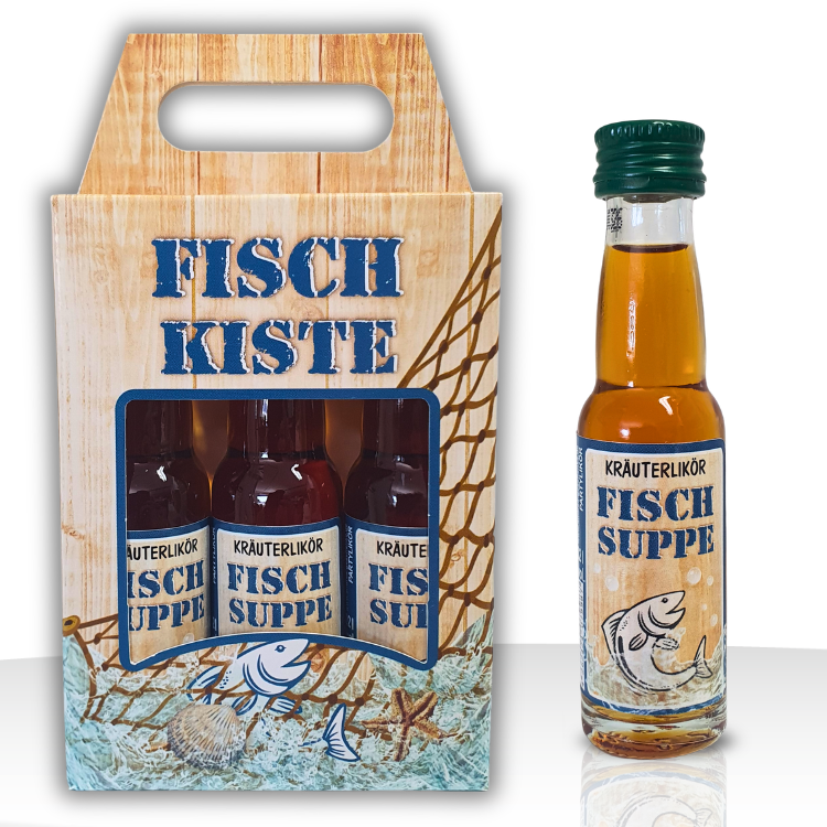 Angler Geschenk Fischkiste Kräuterlikör Box – Lustiges Geschenke für Angler Set mit Fischsuppe Likör zum Geburtstag & Vatertag – Maritimes Männergeschenk mit 3x 0,02L Mini-Flaschen 33% vol.