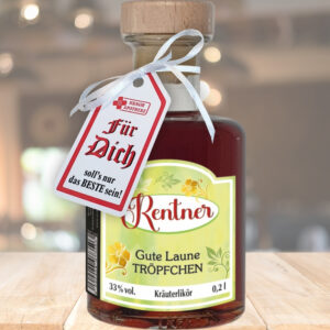 Apothekerflasche - Rentner, Gute Laune Tröpfchen - 0,2L 33% Kräuter Likör Holzkorken Schnaps Likör Geschenk zum Ruhestand für Rentner