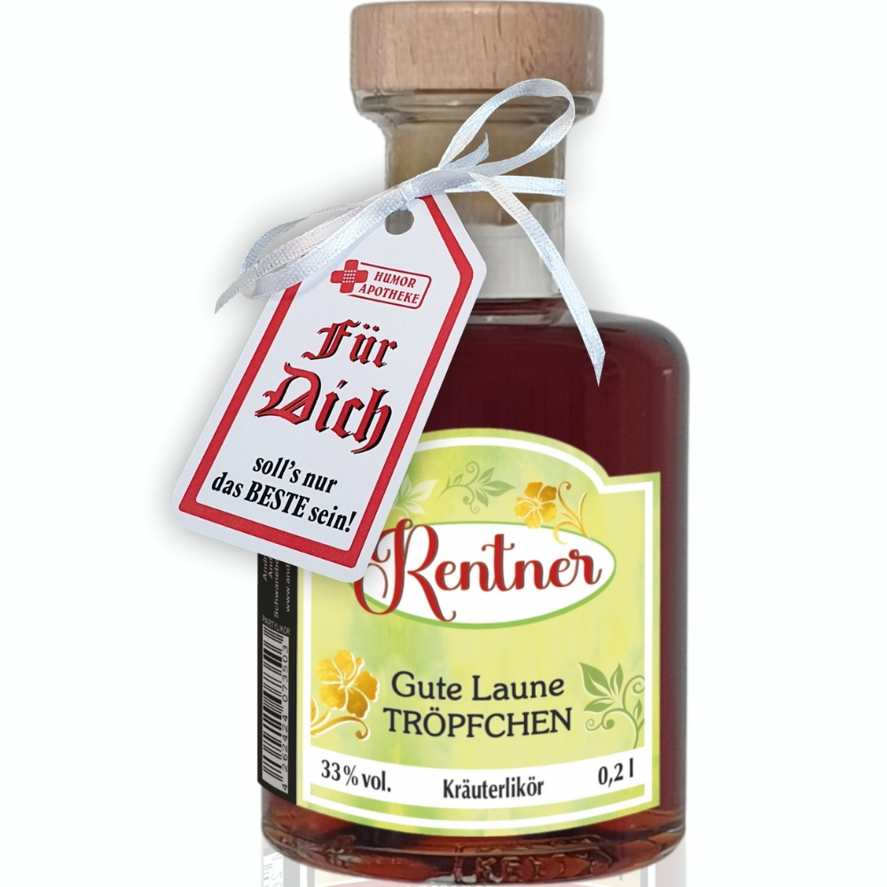Apothekerflasche - Rentner, Gute Laune Tröpfchen - 0,2L 33% Kräuter Likör Holzkorken Schnaps Likör Geschenk zum Ruhestand für Rentner - oH