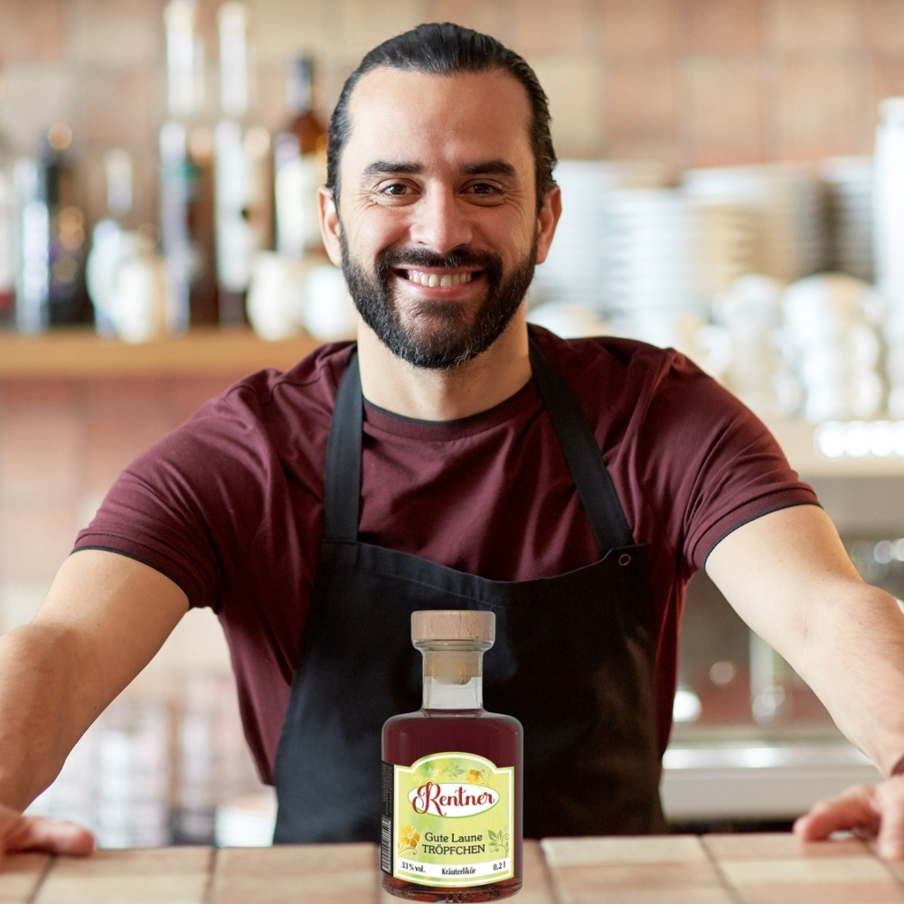 Apothekerflasche - Rentner, Gute Laune Tröpfchen - 0,2L 33% Kräuter Likör Holzkorken Schnaps Likör Geschenk zum Ruhestand für Rentner - testemonial2