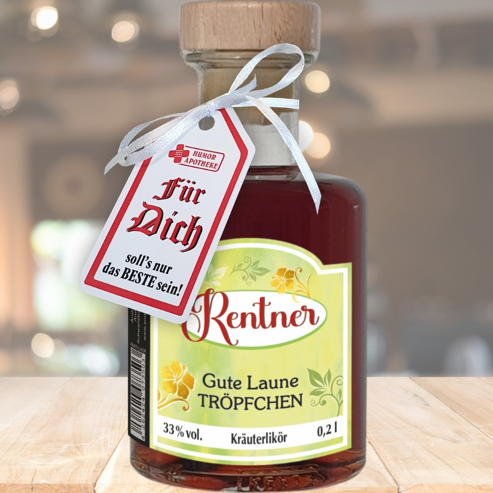 Apothekerflasche - Rentner, Gute Laune Tröpfchen - 0,2L 33% Kräuter Likör Holzkorken Schnaps Likör Geschenk zum Ruhestand für Rentner