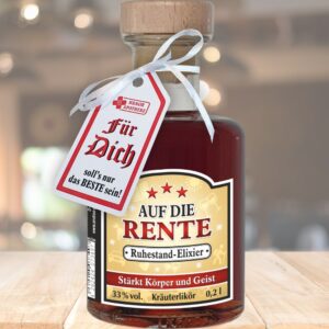 Apothekerflasche - Ruhestand Elixier - Amarena Kirschlikör 0,2L 15% vol. Zur Rente als Geburtstagsgeschenk Rentnergeschenk mit Holzgriff Korken Schnaps Likör - m Hintergrund
