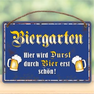 Biergarten, Hier wird Durst durch Bier erst schön - Metallschild Blechschild Schild Türschild mit Kordel Seil zum Anhängen Männergeschenk AV Andrea Verlag andrea-geschenke.de