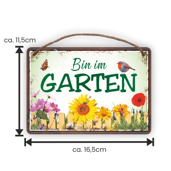 Bin im Garten - Metallschild Blechschild Schild Türschild mit Kordel Seil zum Anhängen Männergeschenk AV Andrea Verlag andrea-geschenke.de - Maße