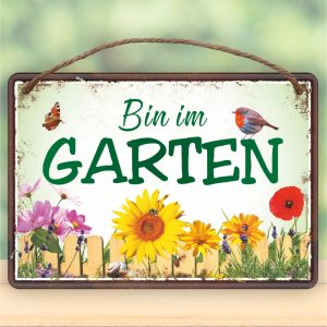 Bin im Garten - Metallschild Blechschild Schild Türschild mit Kordel Seil zum Anhängen Männergeschenk AV Andrea Verlag andrea-geschenke.de
