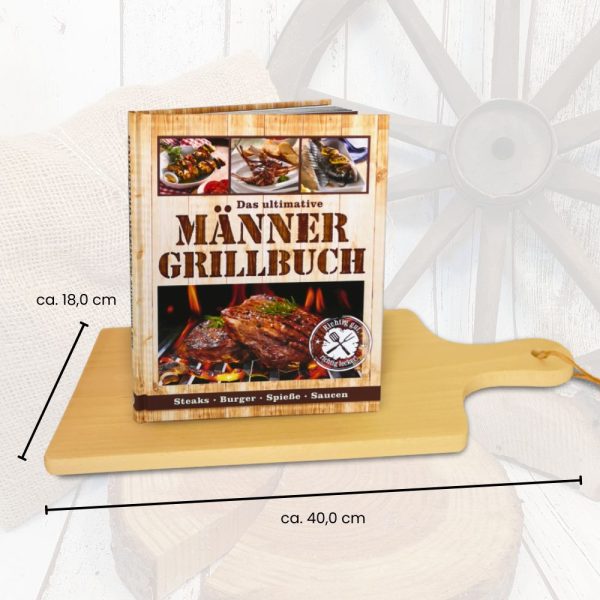 Das ultimative Männer Grillbuch Set mit Holz Schneidebrett und Lederriemen – Perfekte Geschenkidee für Grillfreunde – Inklusive Rezepte für Fleisch, Fisch, Gemüse und Cocktails - Maße