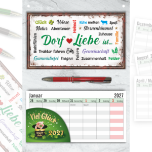 Dorfliebe Geschenk Wandkalender 2027 – Landleben Set mit Dorf Liebe ist... Schild, Wochenplaner zum Abreißen & Metall-Kugelschreiber