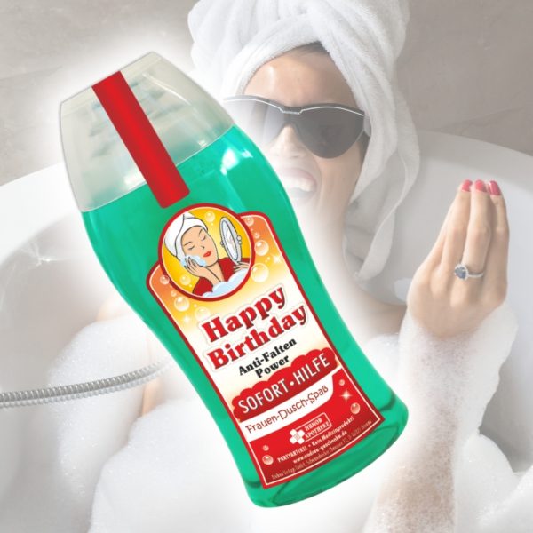 Duschgel - Happy Birthday - Anti Falten Sofort Hilfe Duschbad Geschenk für Frauen Spaßmedizin Humorapotheke Scherzartikel Spaß Av Andrea Verlag andrea-geschenke.de Testemonial