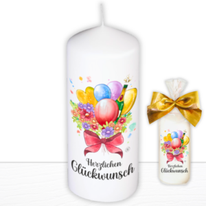 Elegante Stumpenkerze Kerze - Herzlichen Glückwunsch - Für Dich bunte moderne Motive Farben mit Geschenkfolie und goldener Schleife Geburtstagkerze - oH