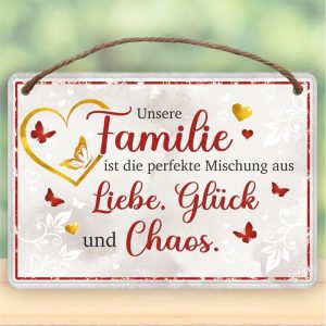 Familie, Liebe Glück Chaos - Metallschild Blechschild Schild Türschild mit Kordel Seil zum Anhängen Männergeschenk AV Andrea Verlag andrea-geschenke.de