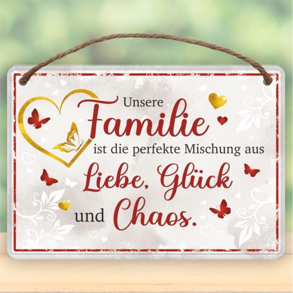 Familie, Liebe Glück Chaos - Metallschild Blechschild Schild Türschild mit Kordel Seil zum Anhängen Männergeschenk AV Andrea Verlag andrea-geschenke.de