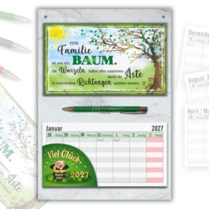 Familiengeschenk Wandkalender 2027 – Geschenk für Familie Set mit Familie ist wie ein Baum Schild, Wochenplaner zum Abreißen & Kugelschreiber