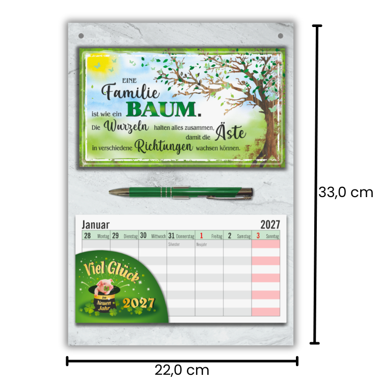Familiengeschenk Wandkalender 2027 – Geschenk für Familie Set mit Familie ist wie ein Baum Schild, Wochenplaner zum Abreißen & Kugelschreiber - Maße