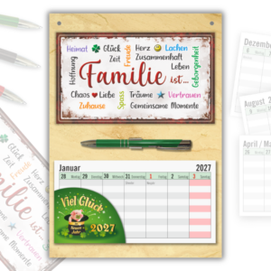 Familiengeschenk Wandkalender 2027 – Geschenk für Familie Set mit Familie ist... Schild, Wochenplaner zum Abreißen & Metall-Kugelschreiber