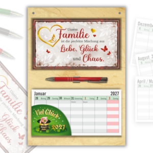 Familiengeschenk Wandkalender 2027 – Geschenk für Familie Set mit Liebe, Glück & Chaos Schild, Wochenplaner zum Abreißen & Metall-Kugelschreiber