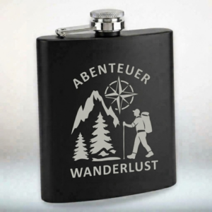 Flachmann Schwarz Edelstahl mit Gravur – 7 oz _ 200 ml Taschenflasche Auslaufsicher – Geschenk für Männer & Outdoor – Abenteuer Wanderlust