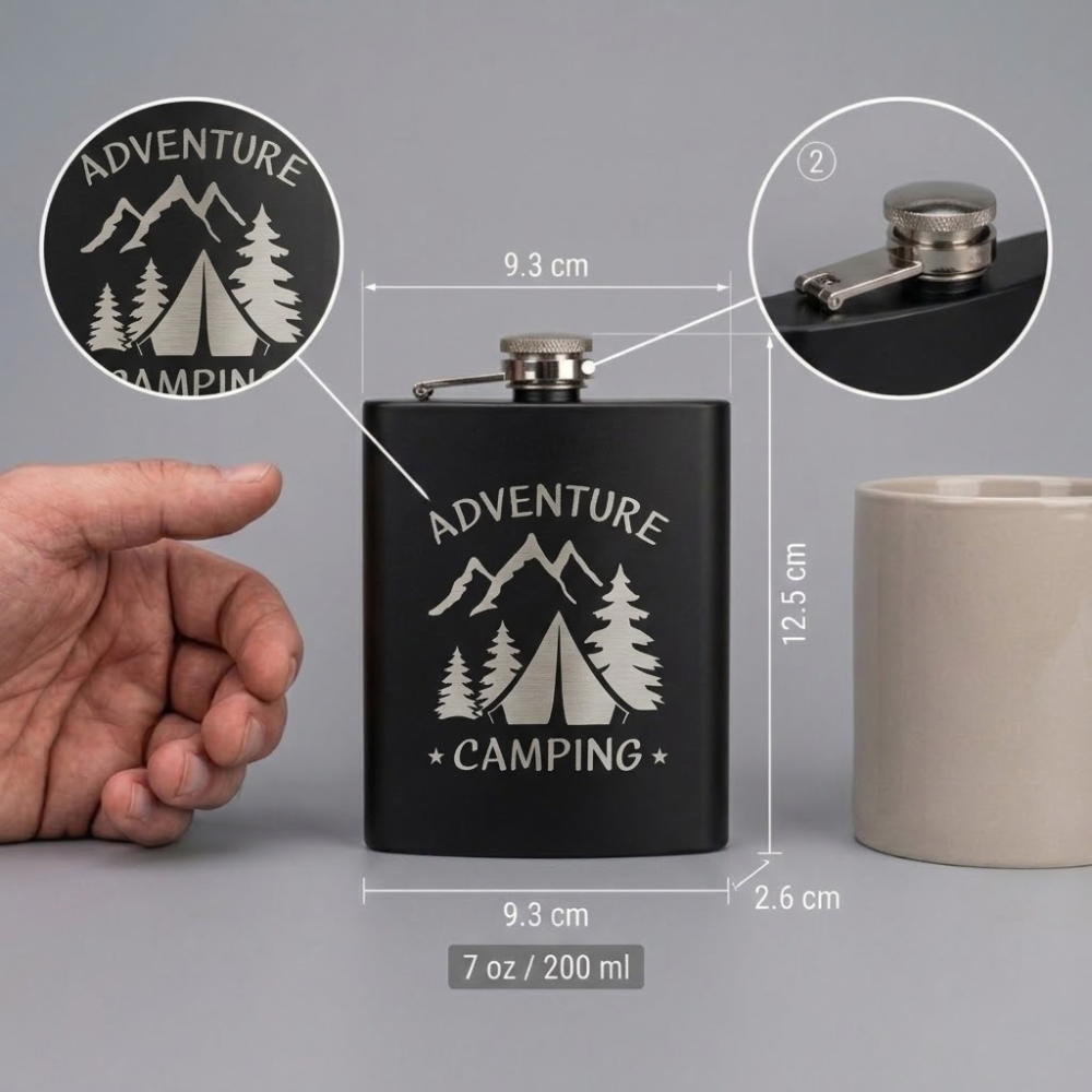 Flachmann Schwarz Edelstahl mit Gravur – 7 oz _ 200 ml Taschenflasche Auslaufsicher – Geschenk für Männer & Outdoor – Adventure Camping - Dimensions & Material Graphic