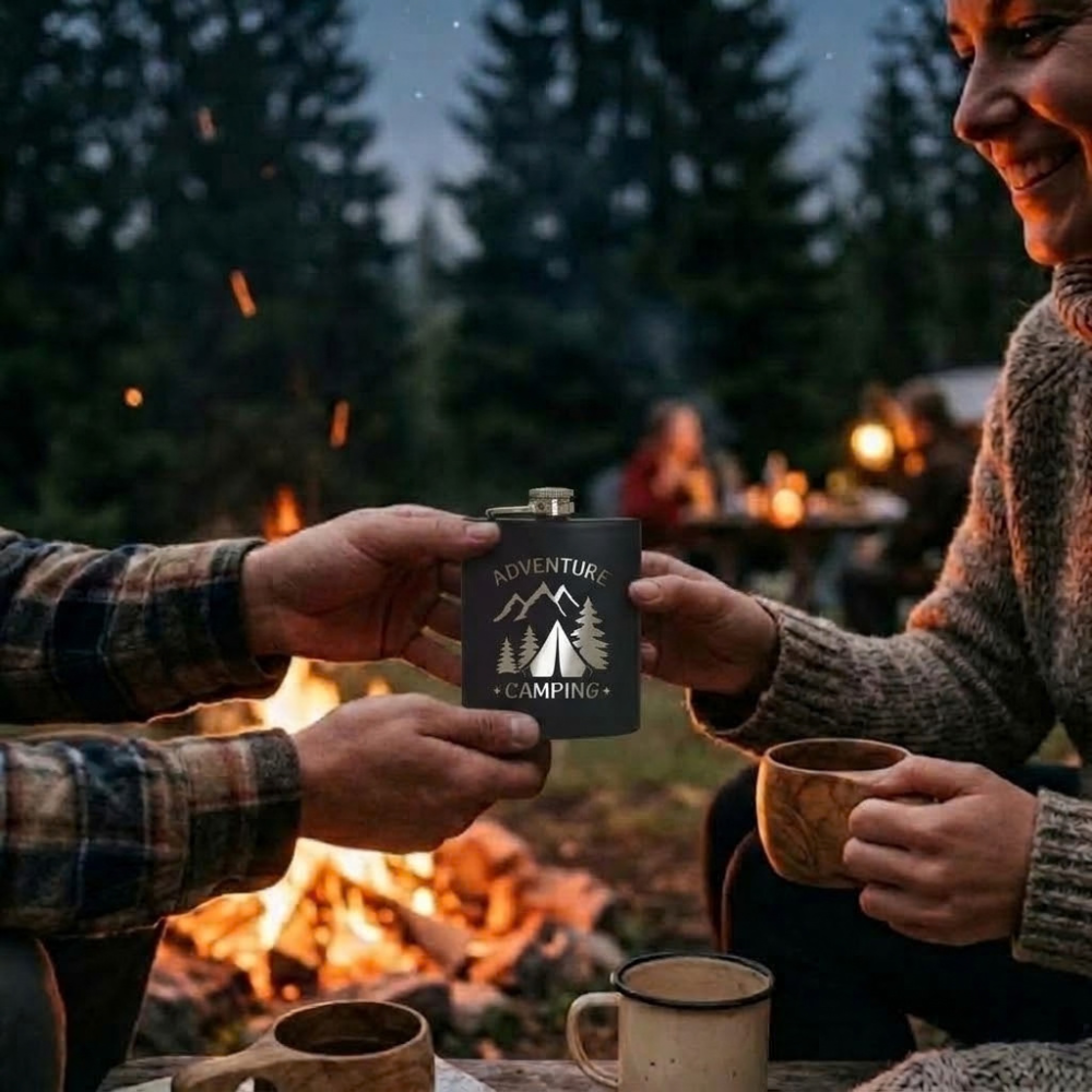 Flachmann Schwarz Edelstahl mit Gravur – 7 oz _ 200 ml Taschenflasche Auslaufsicher – Geschenk für Männer & Outdoor – Adventure Camping - Lifestyle _ Gift Moment