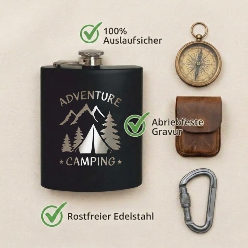 Flachmann Schwarz Edelstahl mit Gravur – 7 oz _ 200 ml Taschenflasche Auslaufsicher – Geschenk für Männer & Outdoor – Adventure Camping - Set _ Value Overview