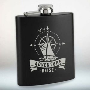 Flachmann Schwarz Edelstahl mit Gravur – 7 oz _ 200 ml Taschenflasche Auslaufsicher – Geschenk für Männer & Outdoor – Adventure Reise