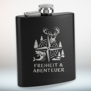 Flachmann Schwarz Edelstahl mit Gravur – 7 oz _ 200 ml Taschenflasche Auslaufsicher – Geschenk für Männer & Outdoor – Freiheit und Abenteuer