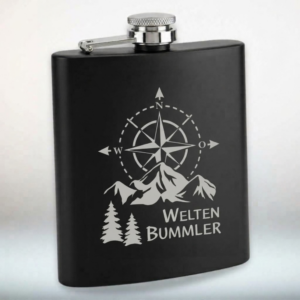 Flachmann Schwarz Edelstahl mit Gravur – 7 oz _ 200 ml Taschenflasche Auslaufsicher – Geschenk für Männer & Outdoor – Weltenbummler