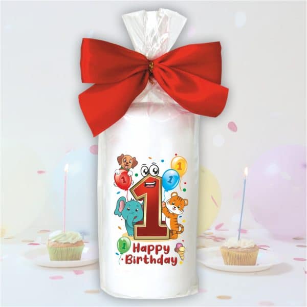 Geburtstagskerze zum 1. Geburtstag, Happy Birthday - Motive auf Tattoofolie Schleife Kerze mit Geburtstagszahl Zahl zum Kindergeburtstag - einzeln