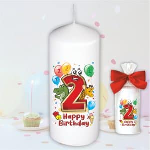Geburtstagskerze zum 2. Geburtstag, Happy Birthday - Motive auf Tattoofolie Schleife Kerze mit Geburtstagszahl Zahl zum Kindergeburtstag