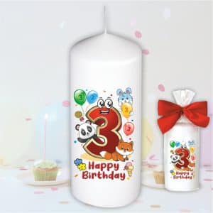 Geburtstagskerze zum 3. Geburtstag, Happy Birthday - Motive auf Tattoofolie Schleife Kerze mit Geburtstagszahl Zahl zum Kindergeburtstag