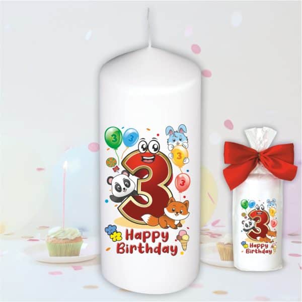 Geburtstagskerze zum 3. Geburtstag, Happy Birthday - Motive auf Tattoofolie Schleife Kerze mit Geburtstagszahl Zahl zum Kindergeburtstag
