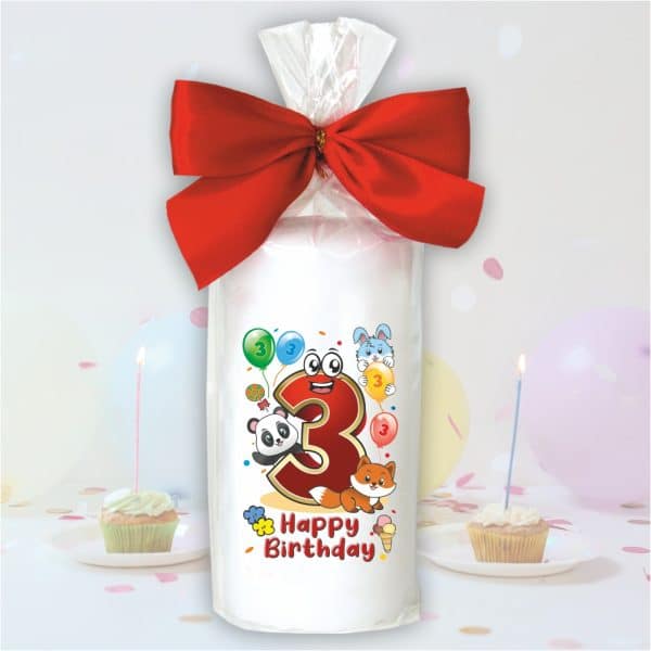Geburtstagskerze zum 3. Geburtstag, Happy Birthday - Motive auf Tattoofolie Schleife Kerze mit Geburtstagszahl Zahl zum Kindergeburtstag - einzeln