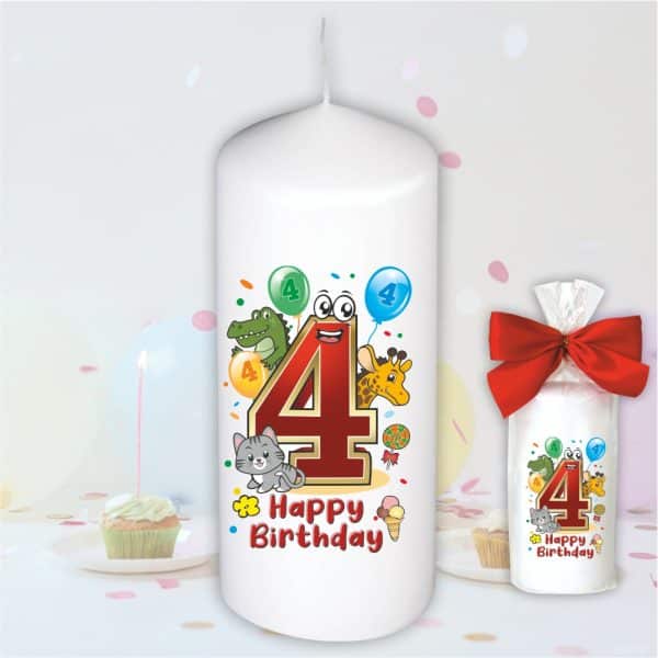 Geburtstagskerze zum 4. Geburtstag, Happy Birthday - Motive auf Tattoofolie Schleife Kerze mit Geburtstagszahl Zahl zum Kindergeburtstag