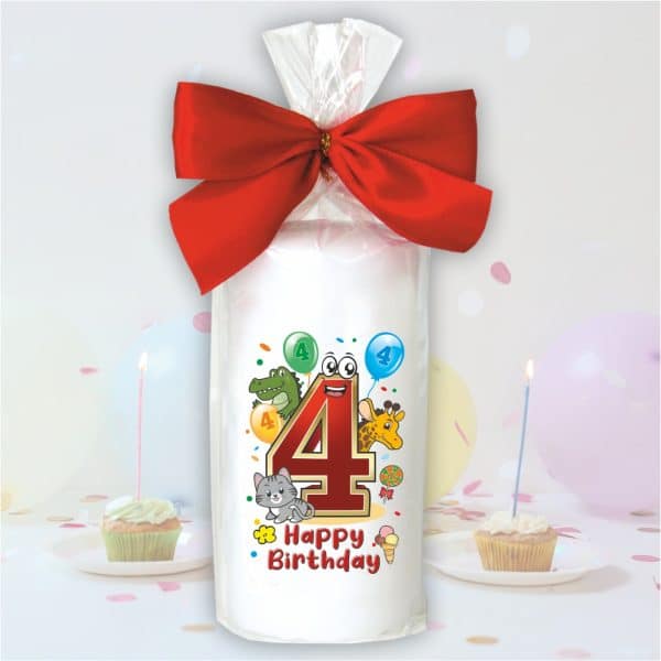 Geburtstagskerze zum 4. Geburtstag, Happy Birthday - Motive auf Tattoofolie Schleife Kerze mit Geburtstagszahl Zahl zum Kindergeburtstag - einzeln