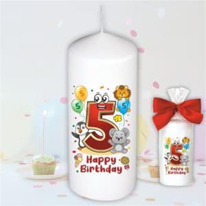 Geburtstagskerze zum 5. Geburtstag, Happy Birthday - Motive auf Tattoofolie Schleife Kerze mit Geburtstagszahl Zahl zum Kindergeburtstag