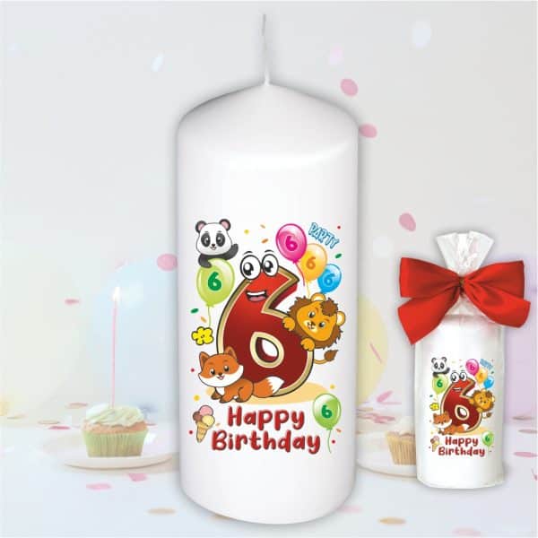 Geburtstagskerze zum 6. Geburtstag, Happy Birthday - Motive auf Tattoofolie Schleife Kerze mit Geburtstagszahl Zahl zum Kindergeburtstag