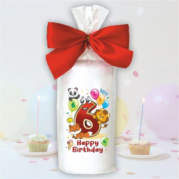 Geburtstagskerze zum 6. Geburtstag, Happy Birthday - Motive auf Tattoofolie Schleife Kerze mit Geburtstagszahl Zahl zum Kindergeburtstag - einzeln