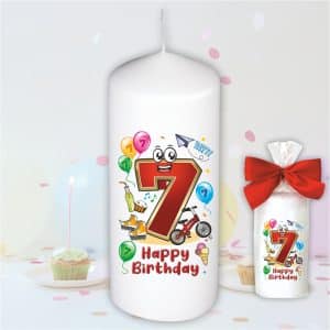 Geburtstagskerze zum 7. Geburtstag, Happy Birthday - Motive auf Tattoofolie Schleife Kerze mit Geburtstagszahl Zahl zum Kindergeburtstag