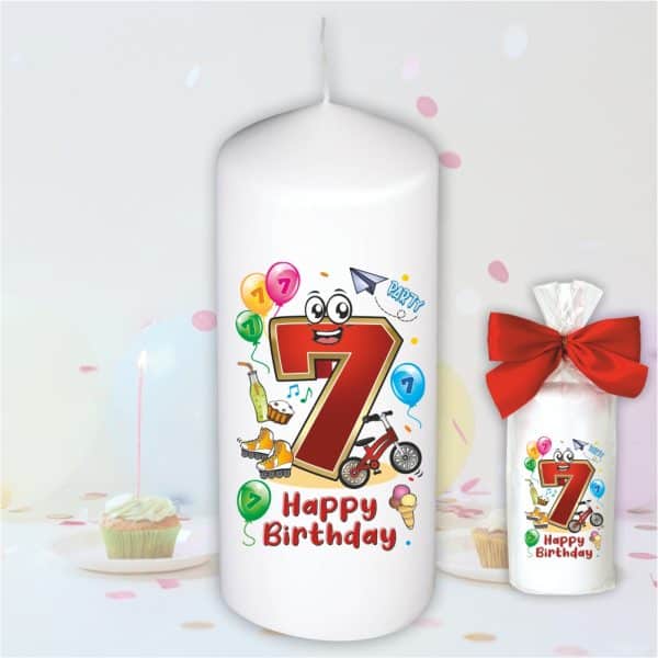 Geburtstagskerze zum 7. Geburtstag, Happy Birthday - Motive auf Tattoofolie Schleife Kerze mit Geburtstagszahl Zahl zum Kindergeburtstag