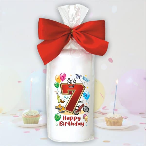 Geburtstagskerze zum 7. Geburtstag, Happy Birthday - Motive auf Tattoofolie Schleife Kerze mit Geburtstagszahl Zahl zum Kindergeburtstag - einzeln