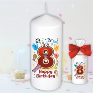 Geburtstagskerze zum 8. Geburtstag, Happy Birthday - Motive auf Tattoofolie Schleife Kerze mit Geburtstagszahl Zahl zum Kindergeburtstag