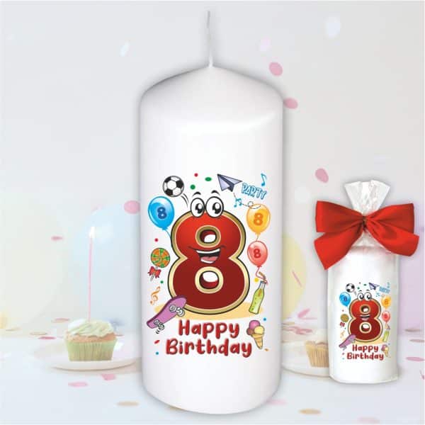 Geburtstagskerze zum 8. Geburtstag, Happy Birthday - Motive auf Tattoofolie Schleife Kerze mit Geburtstagszahl Zahl zum Kindergeburtstag