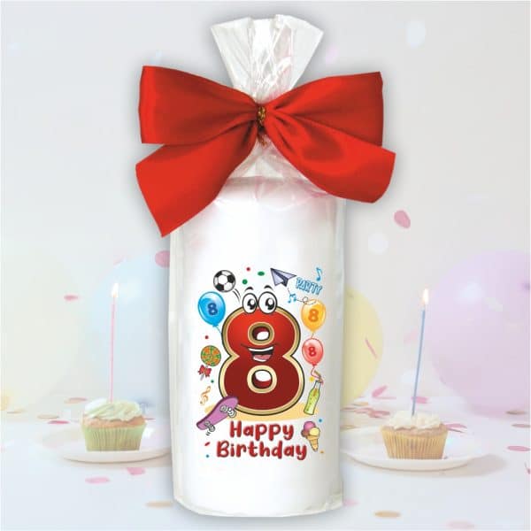 Geburtstagskerze zum 8. Geburtstag, Happy Birthday - Motive auf Tattoofolie Schleife Kerze mit Geburtstagszahl Zahl zum Kindergeburtstag - einzeln