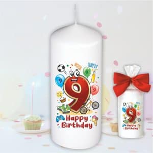 Geburtstagskerze zum 9. Geburtstag, Happy Birthday - Motive auf Tattoofolie Schleife Kerze mit Geburtstagszahl Zahl zum Kindergeburtstag