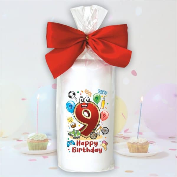 Geburtstagskerze zum 9. Geburtstag, Happy Birthday - Motive auf Tattoofolie Schleife Kerze mit Geburtstagszahl Zahl zum Kindergeburtstag - einzeln