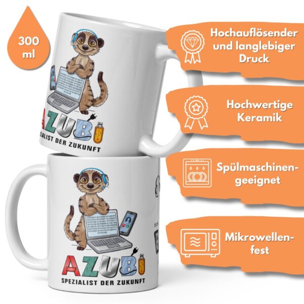 Geschenk Tasse Azubi Spezialist der Zukunft 300ml Kaffeetasse mit Spruch Lustige Bürotasse für Auszubildende - beidseitiger Druck