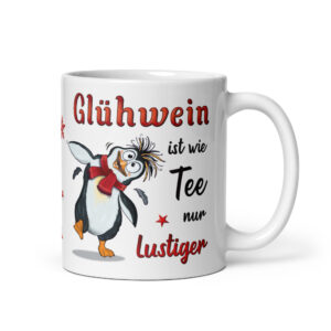 Geschenk Tasse Glühweintasse Pinguin – Beidseitig bedruckte Keramiktasse mit Spruch „Glühwein Glühwein ist wie Tee, nur lustiger“ – 300ml – Spülmaschinenfest – Lustige Weihnachts Geschenkidee